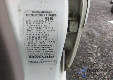2000 Isuzu Rodeo Ls/Lse/S 3.2L from USA, damaged, VIN 4S2CK58W7Y4324567